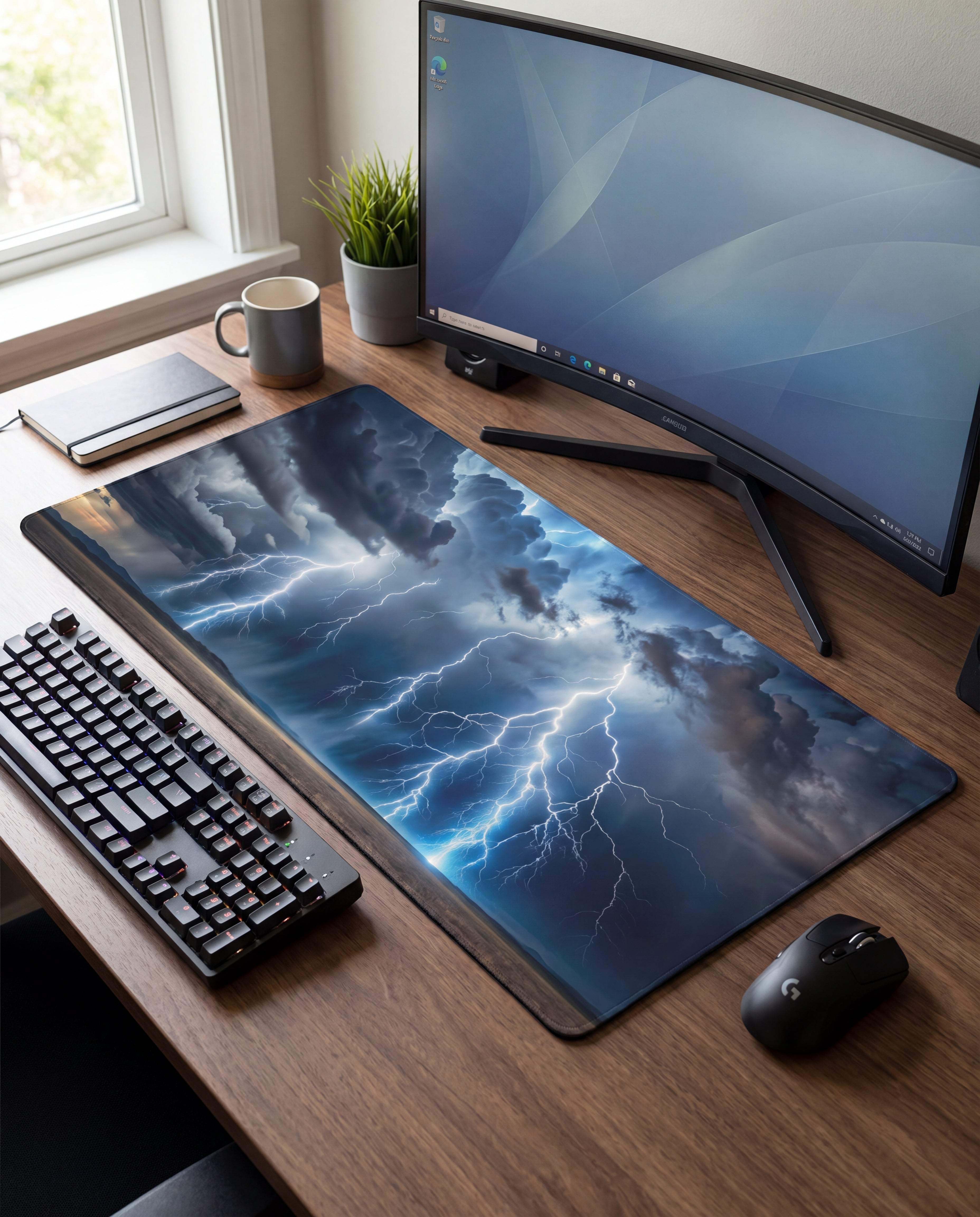 A rectangular gaming mousepad featuring a vivid blue and white lightning storm design, with black edges.