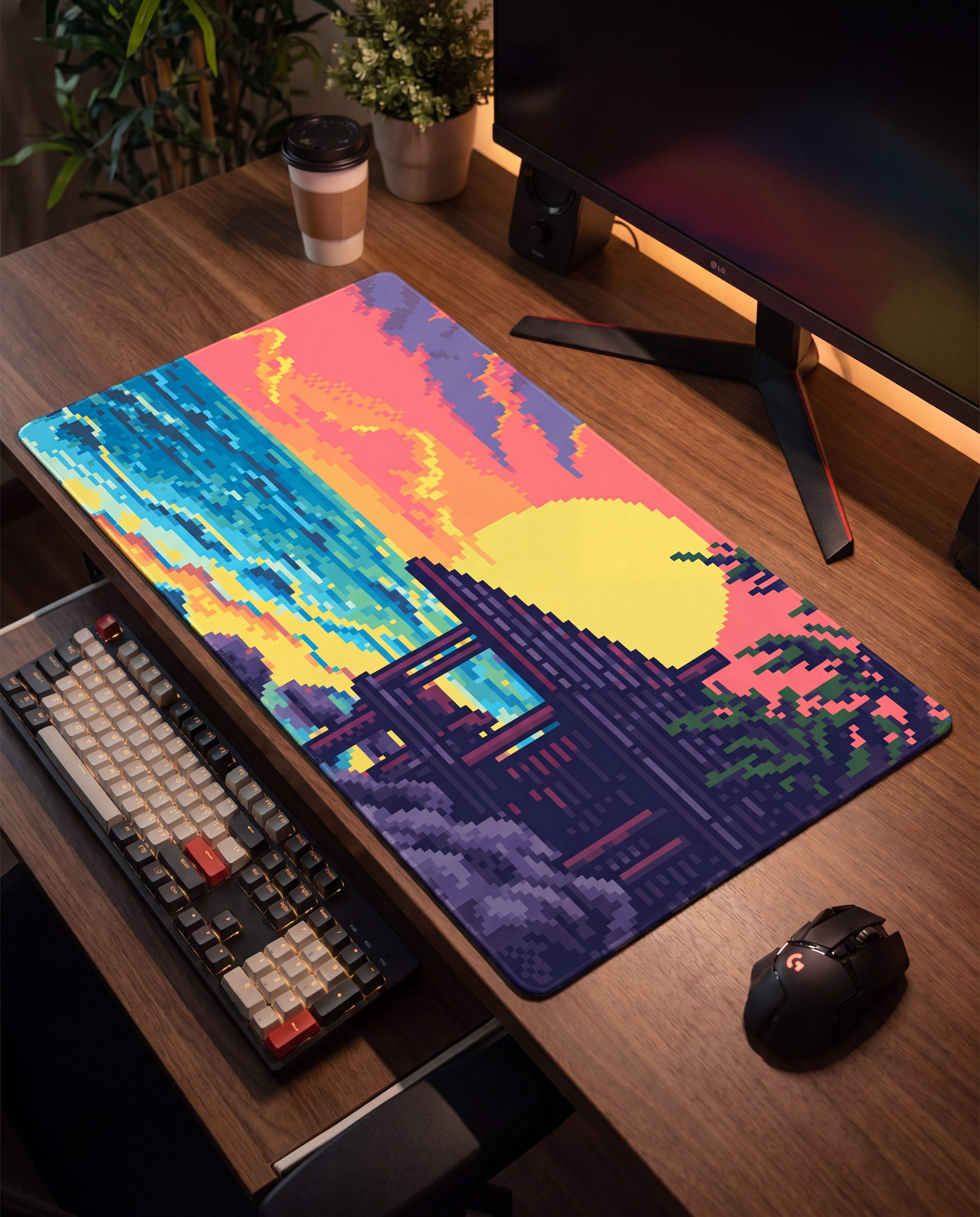 Vibrant pixel-art sunset-themed mousepad with a gradient of orange, yellow, and blue hues over dark purple structures.