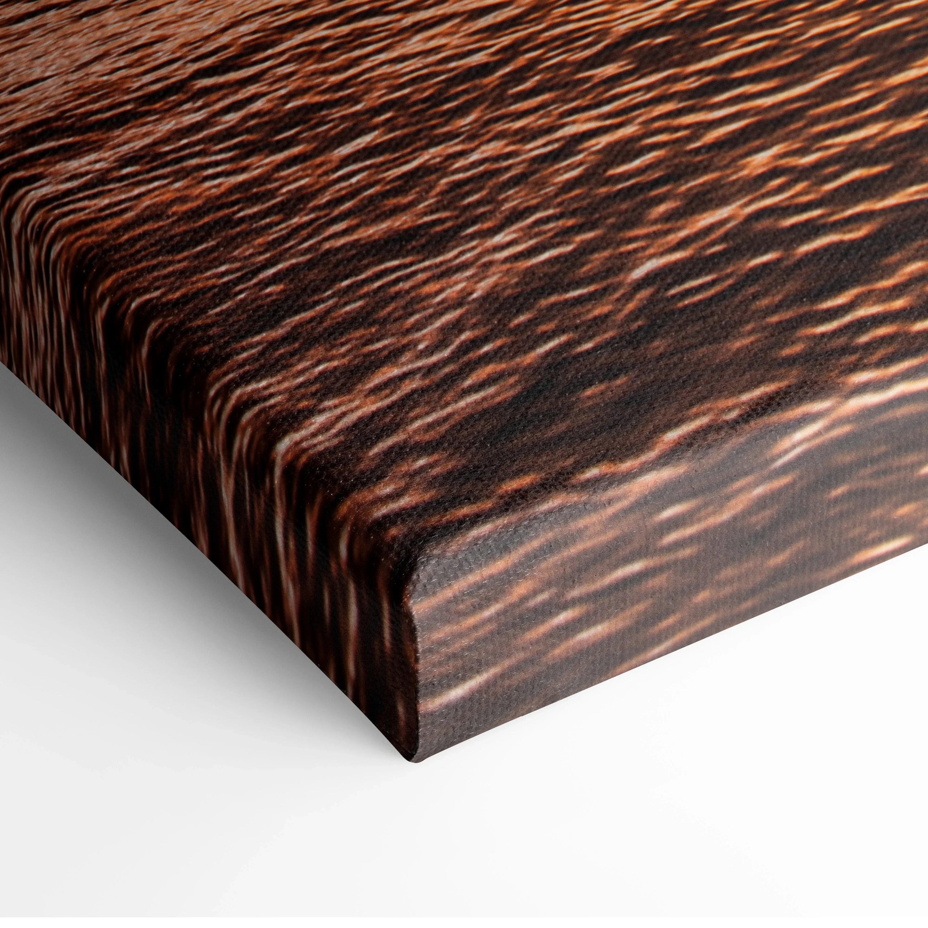Close-up of ocean sunset art printed on textured canvas wall art with rich brown and orange tones.