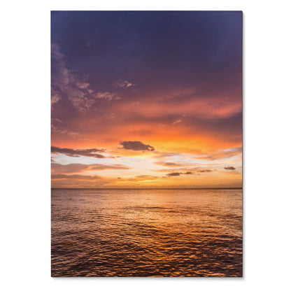 Vertical poster of ocean sunset with vibrant orange sky and calm water wall art.