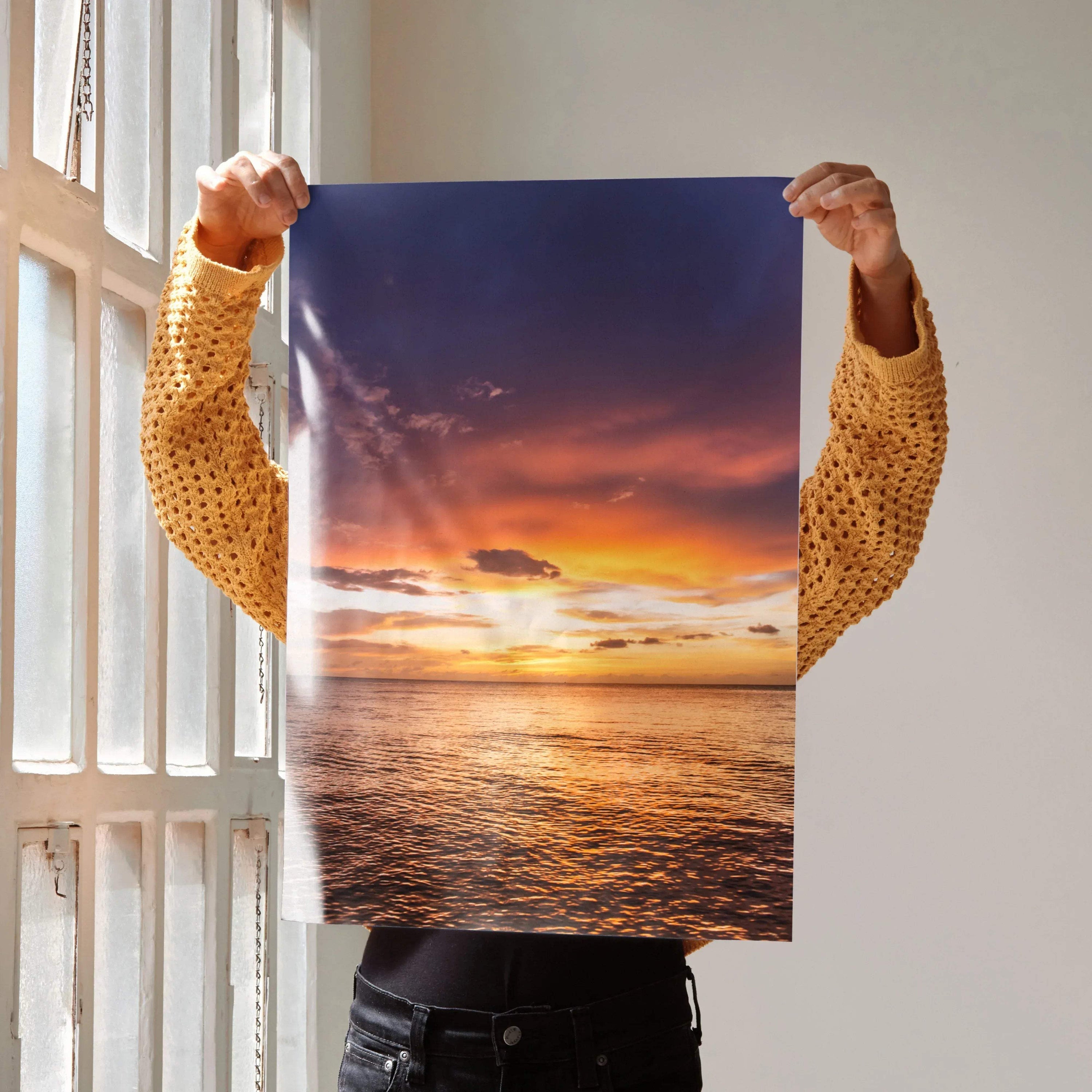 Vertical ocean sunset poster with vibrant orange and purple sky over calm water, wall art print.