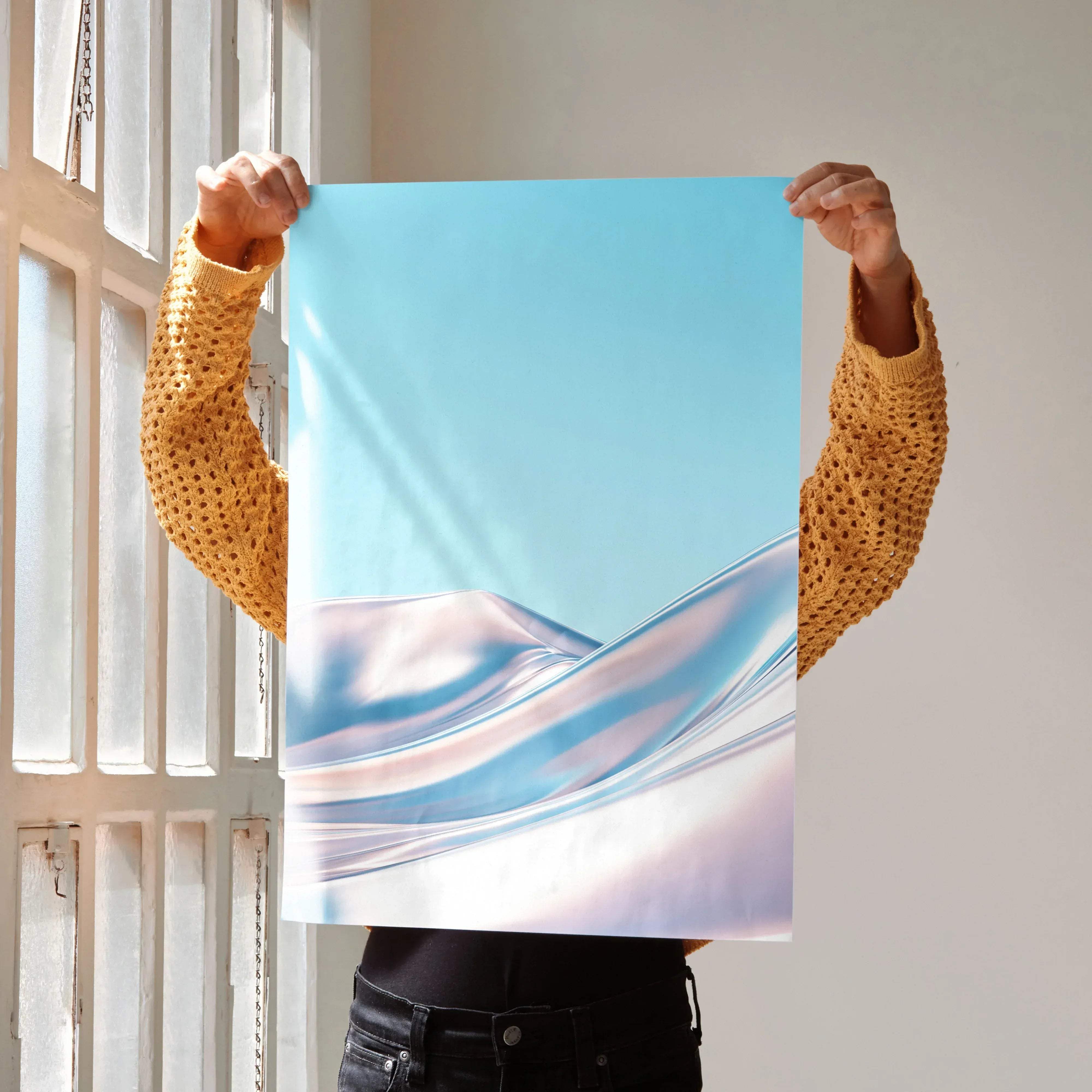 A rectangular vertical digital art poster with minimalist flowing waves in pastel blue and white for wall decor