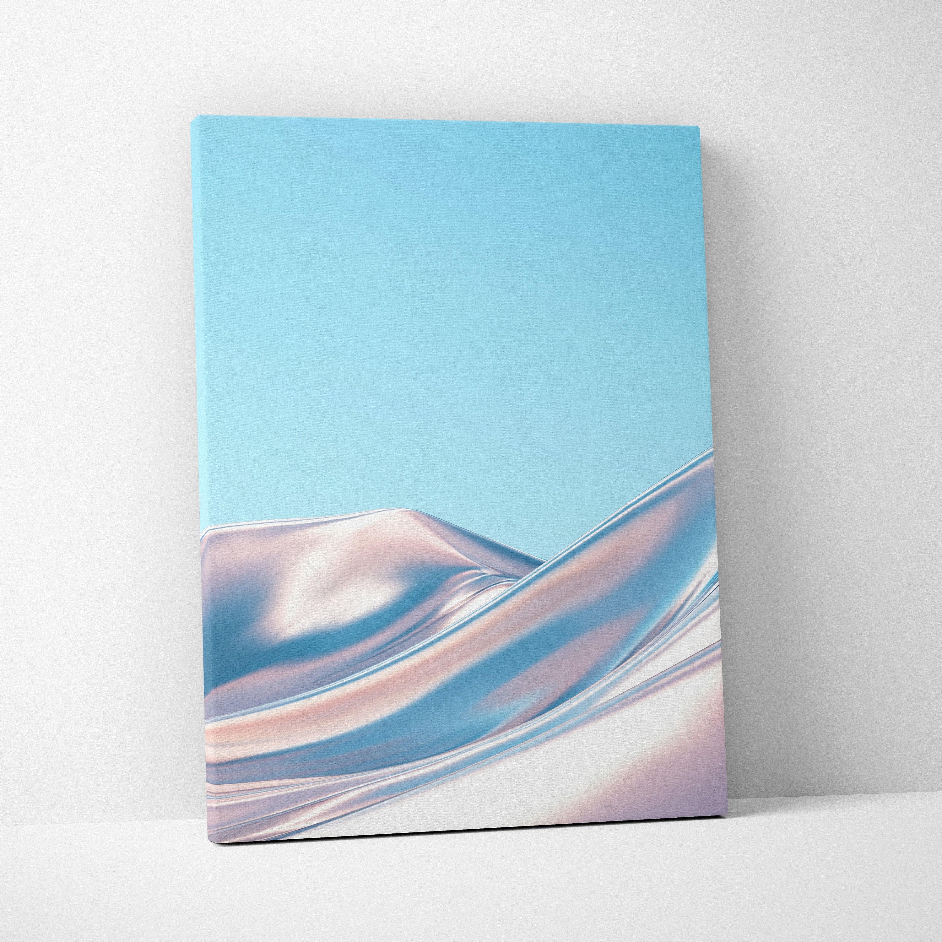 Canvas wall art featuring vibrant abstract swirls in soft pink and blue tones against a light blue background.