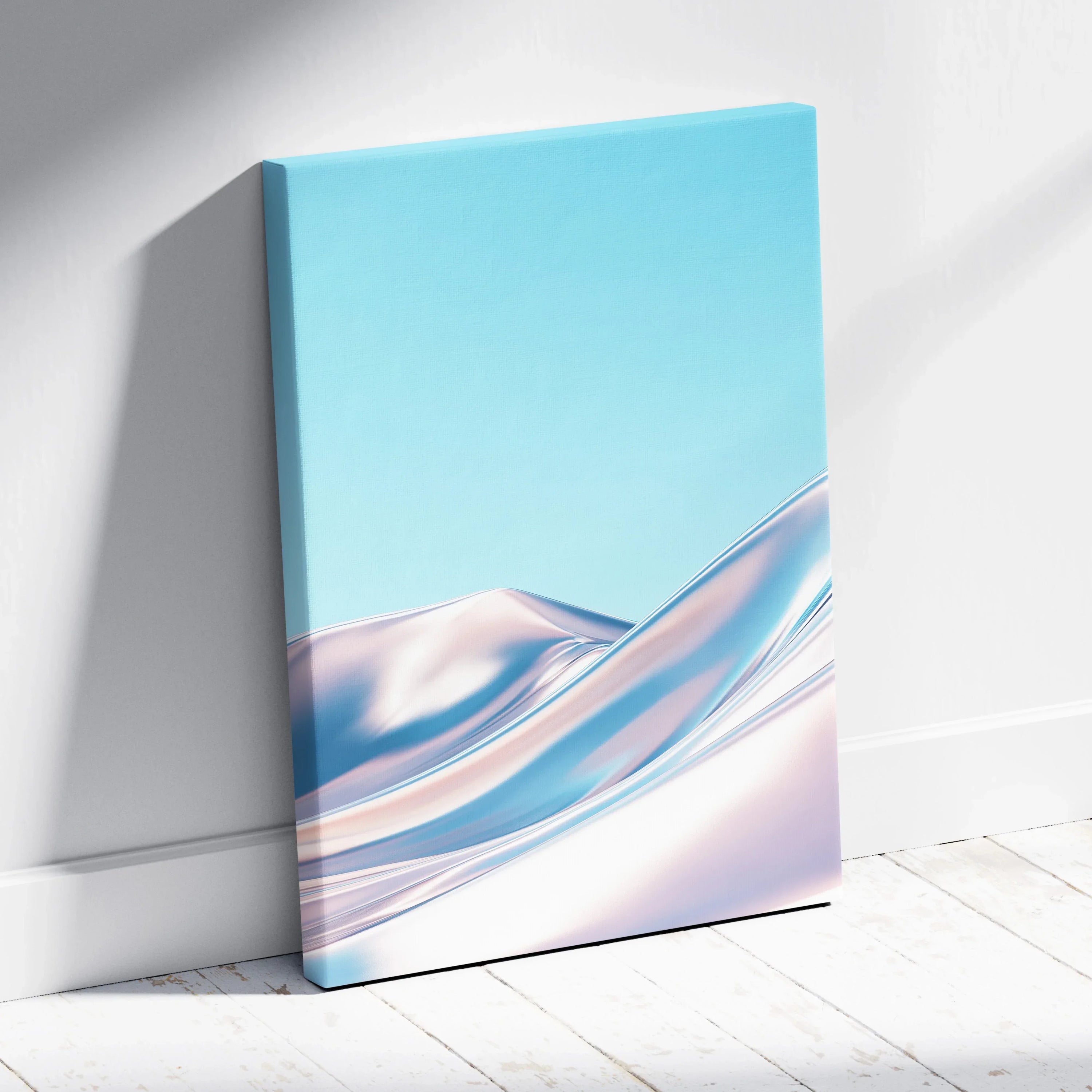 Canvas wall art featuring smooth abstract swirl in soft blue and pink tones against a light background.
