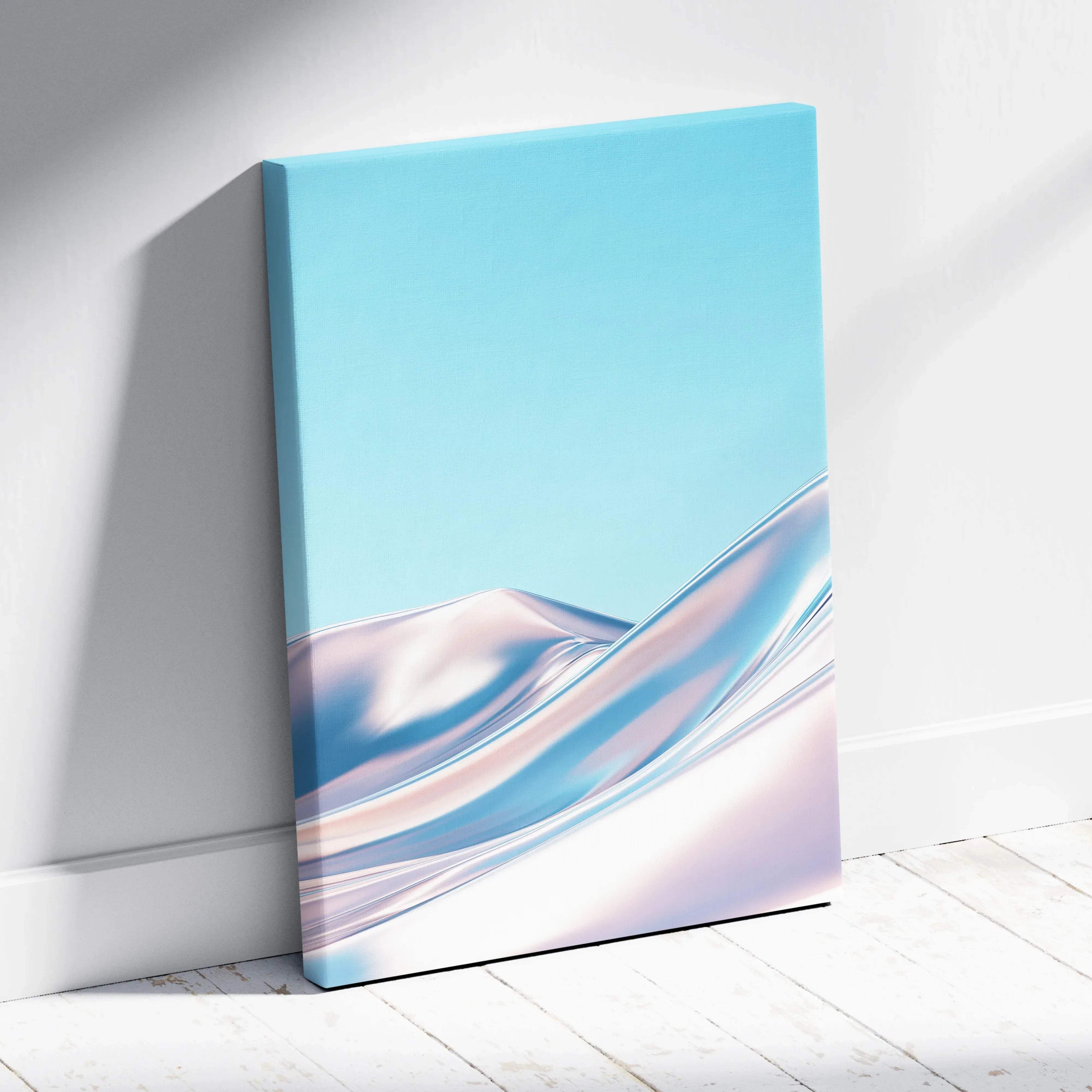 A modern abstract canvas wall art featuring iridescent blue and lavender waves on a soft sky-blue background for calm decor