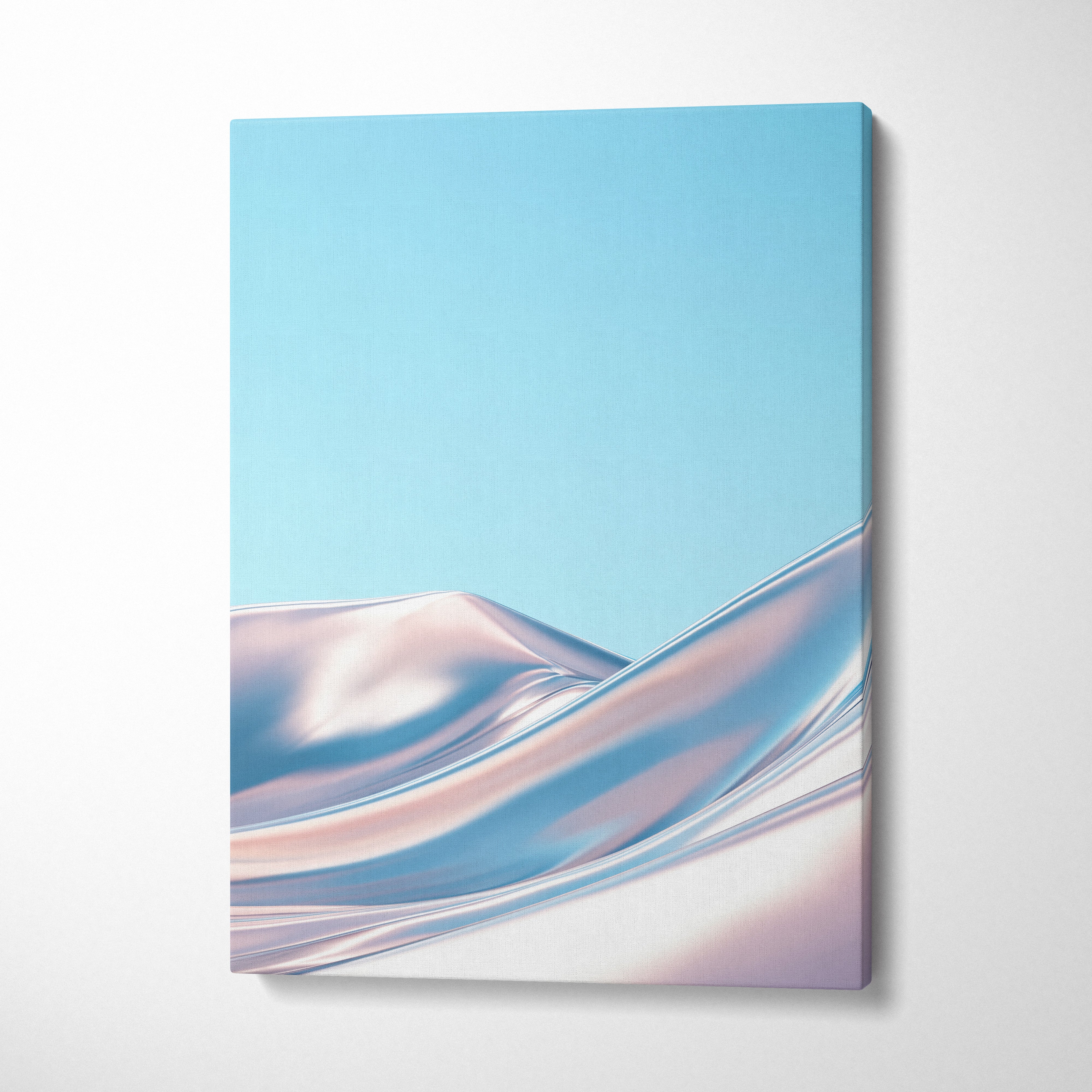Vertical canvas wall art featuring smooth, metallic abstract waves against a clear blue background.