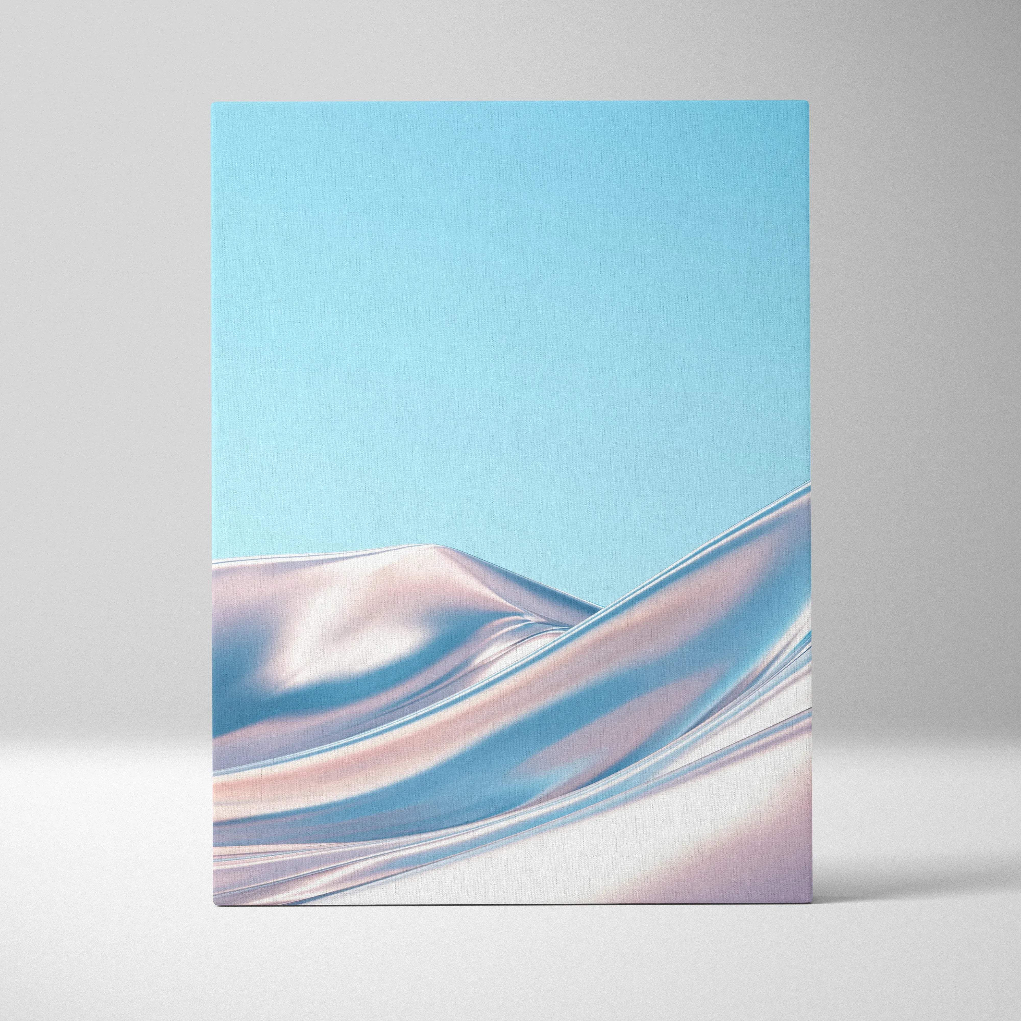 A sleek iridescent blue and pink ribbon swirl abstract canvas wall art with flowing metallic waves for calm modern decor