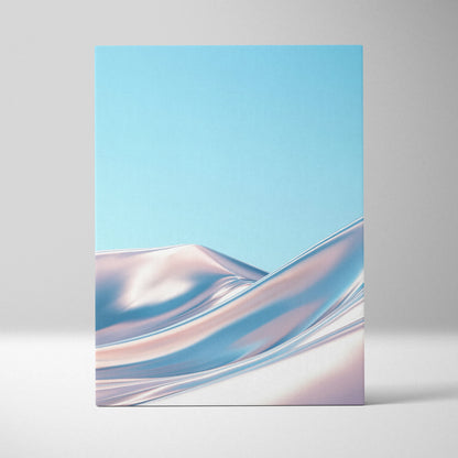 Canvas wall art featuring smooth, metallic silver swirl on soft blue background.