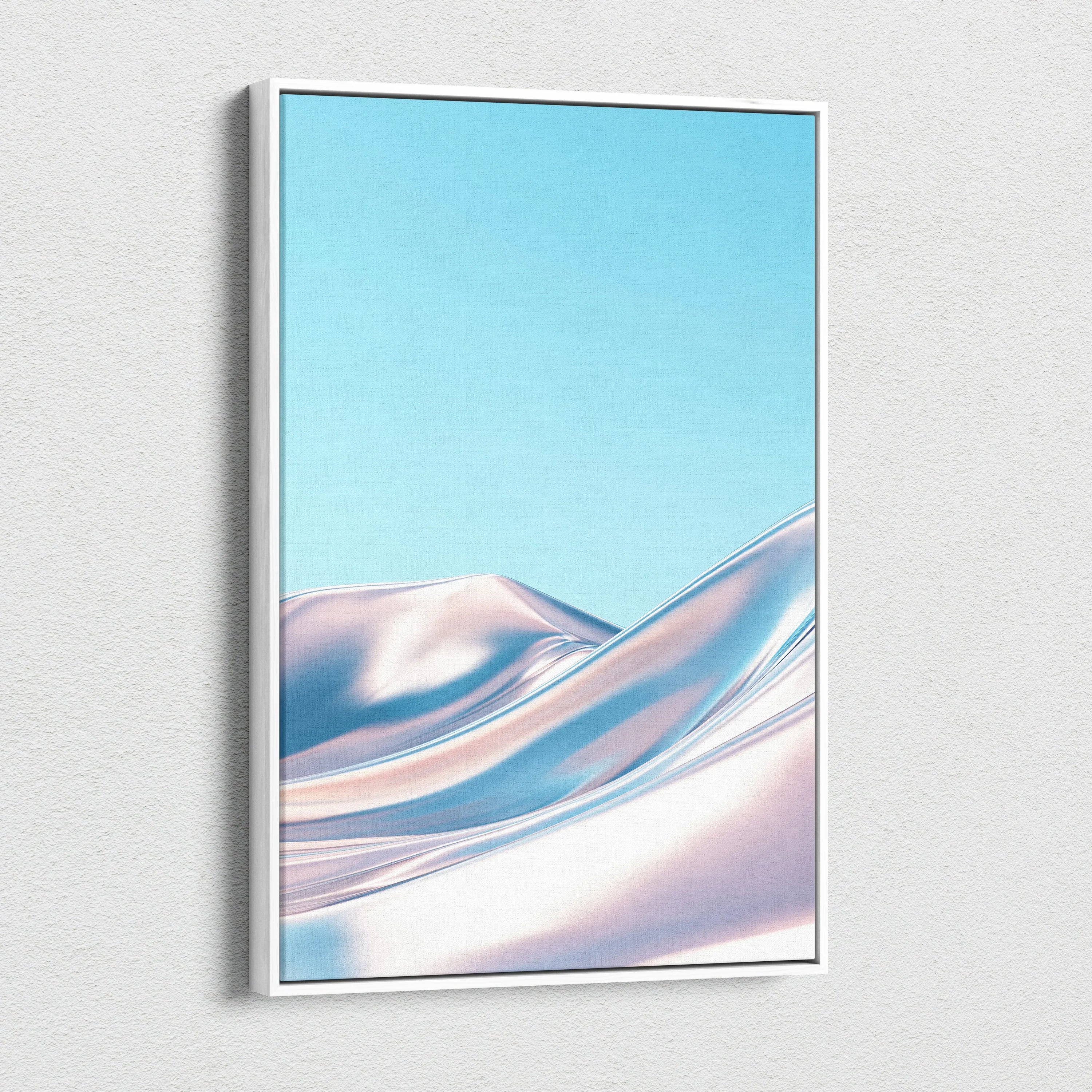 Vertical canvas wall art with smooth metallic silver and soft blue abstract swirl design.