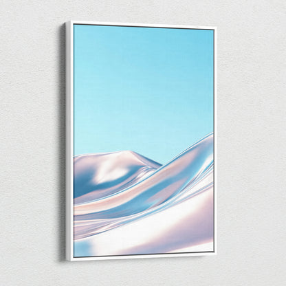 Vertical canvas wall art with smooth metallic silver and soft blue abstract swirl design.