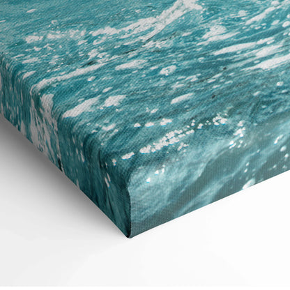 Teal and white textured canvas wall art print with abstract urban architecture design.