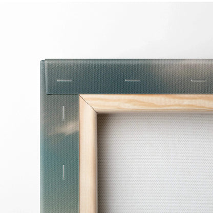 Corner detail of stretched canvas wall art with wood frame and textured back showcasing construction quality.