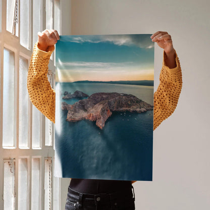 Vertical poster showing majestic mountains by ocean at sunset with vibrant sky, perfect wall art.