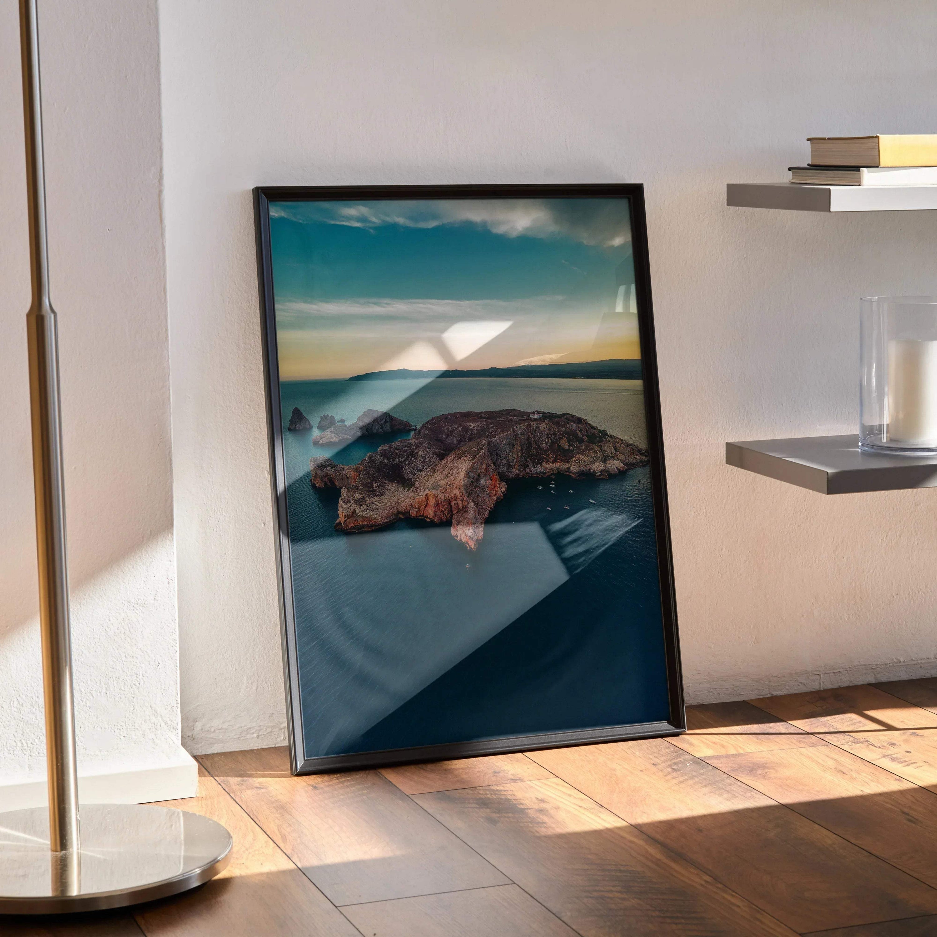 Majestic mountains sunset over ocean poster with vibrant colors in black frame wall art.