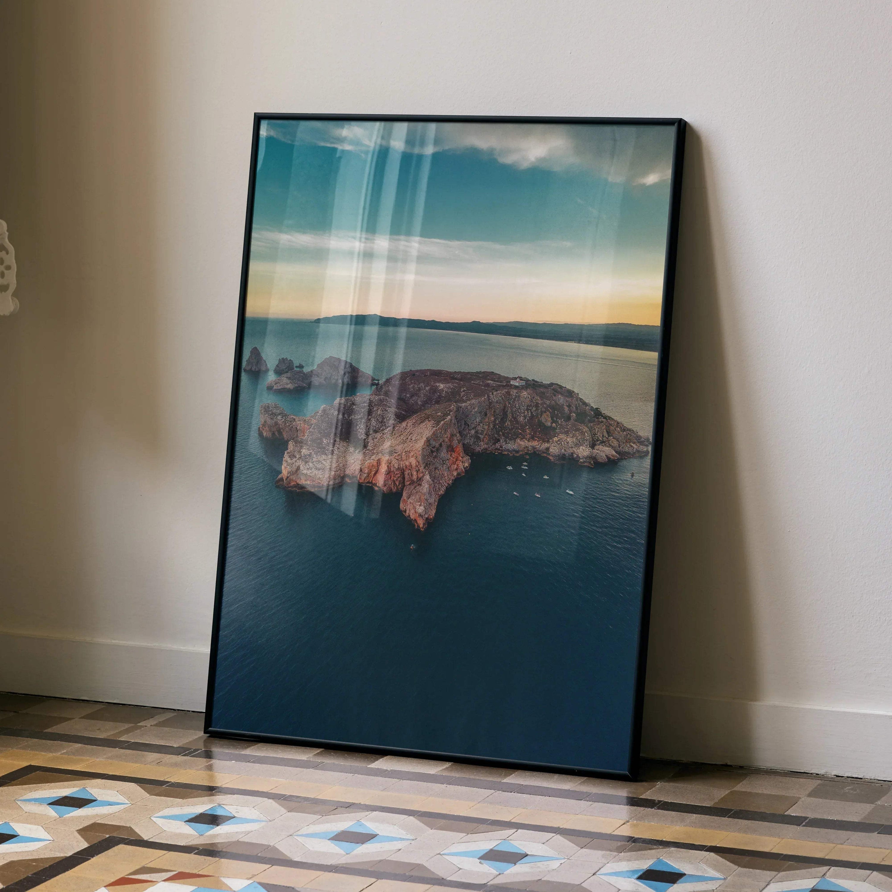 Vertical poster wall art featuring majestic mountains at sunset with ocean view under a colorful sky.