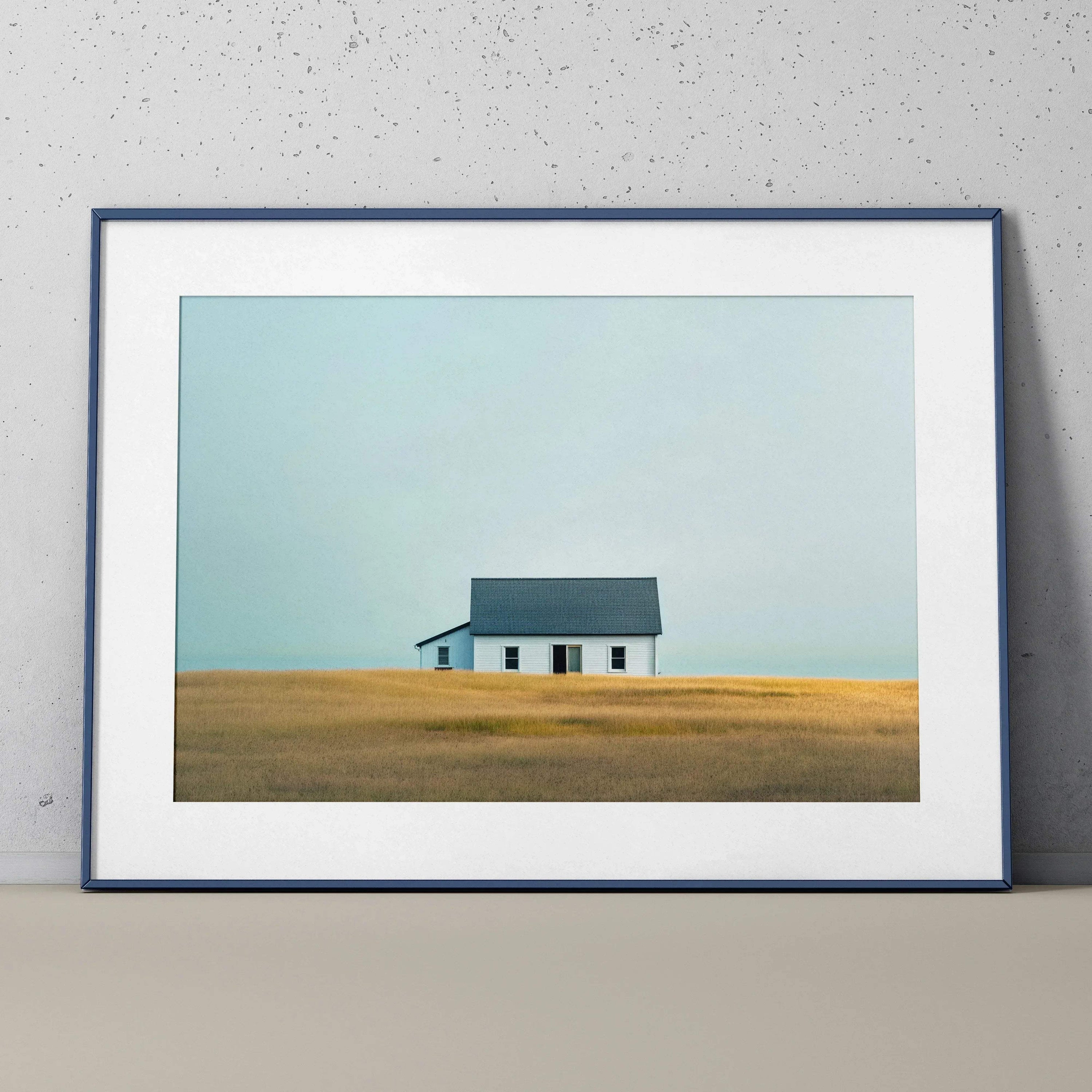 Minimalist modern building against pale blue sky digital art poster wall art.