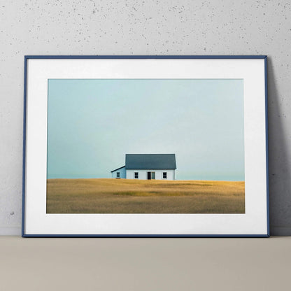 Minimalist modern building against pale blue sky digital art poster wall art.