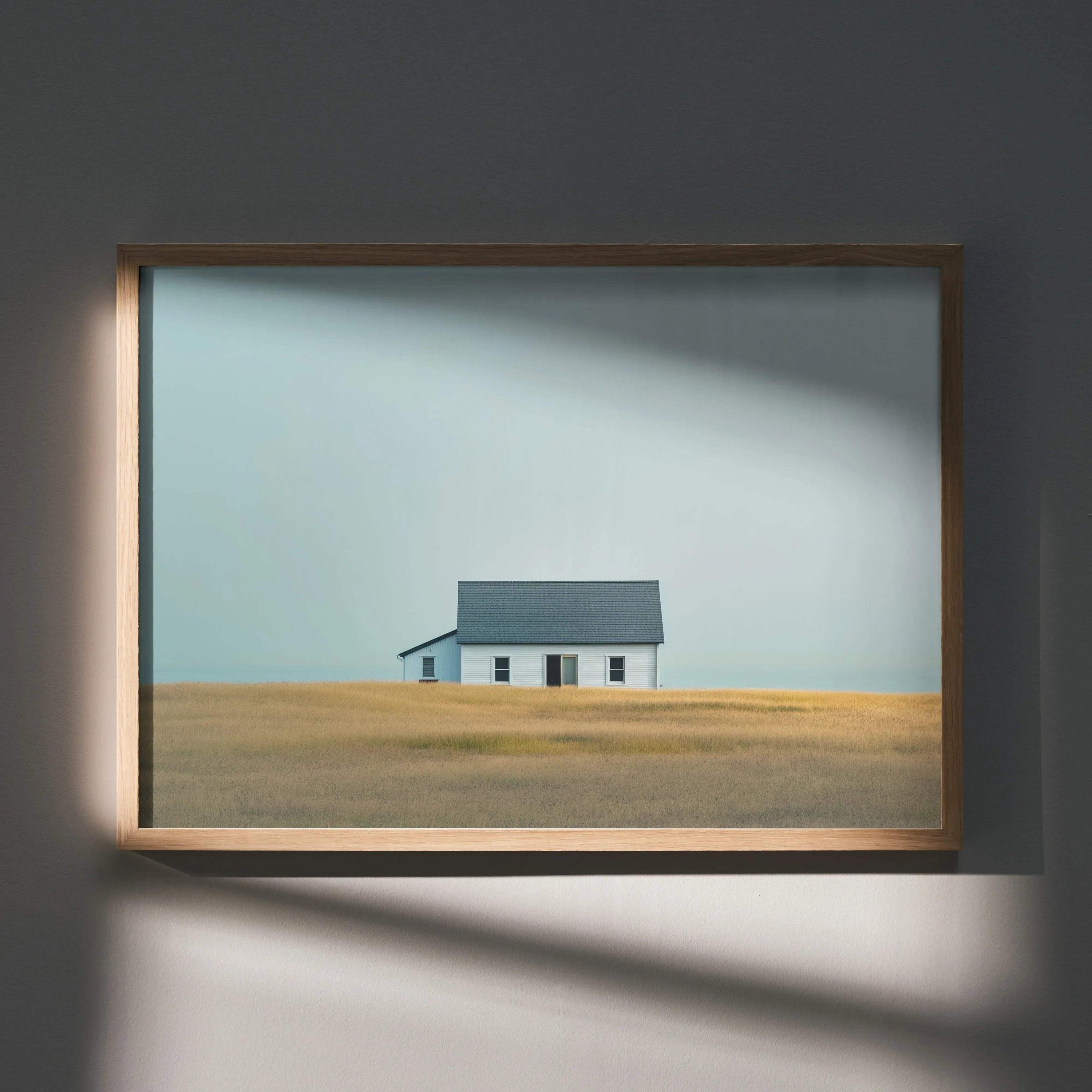 Minimalist digital art poster of a small modern house in a vast field, wall art with muted tones.