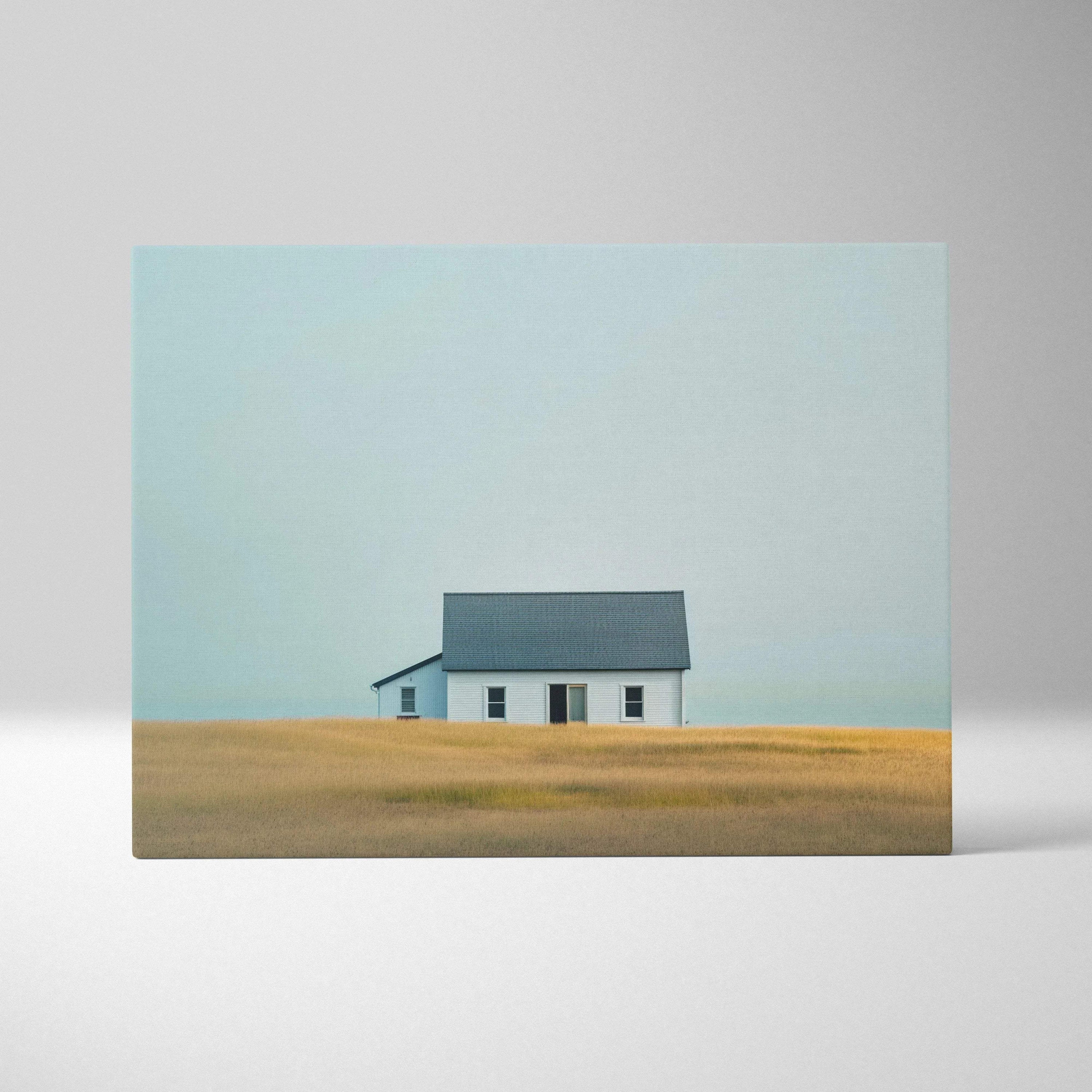 Minimalist canvas wall art featuring a solitary white house with a dark roof in a golden field under a pale blue sky.