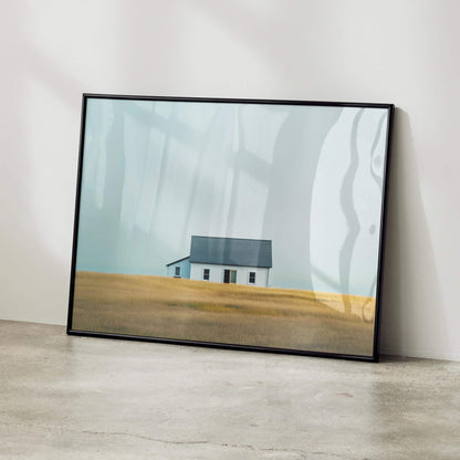 Modern urban building digital art poster with minimalist house and open sky wall art print.