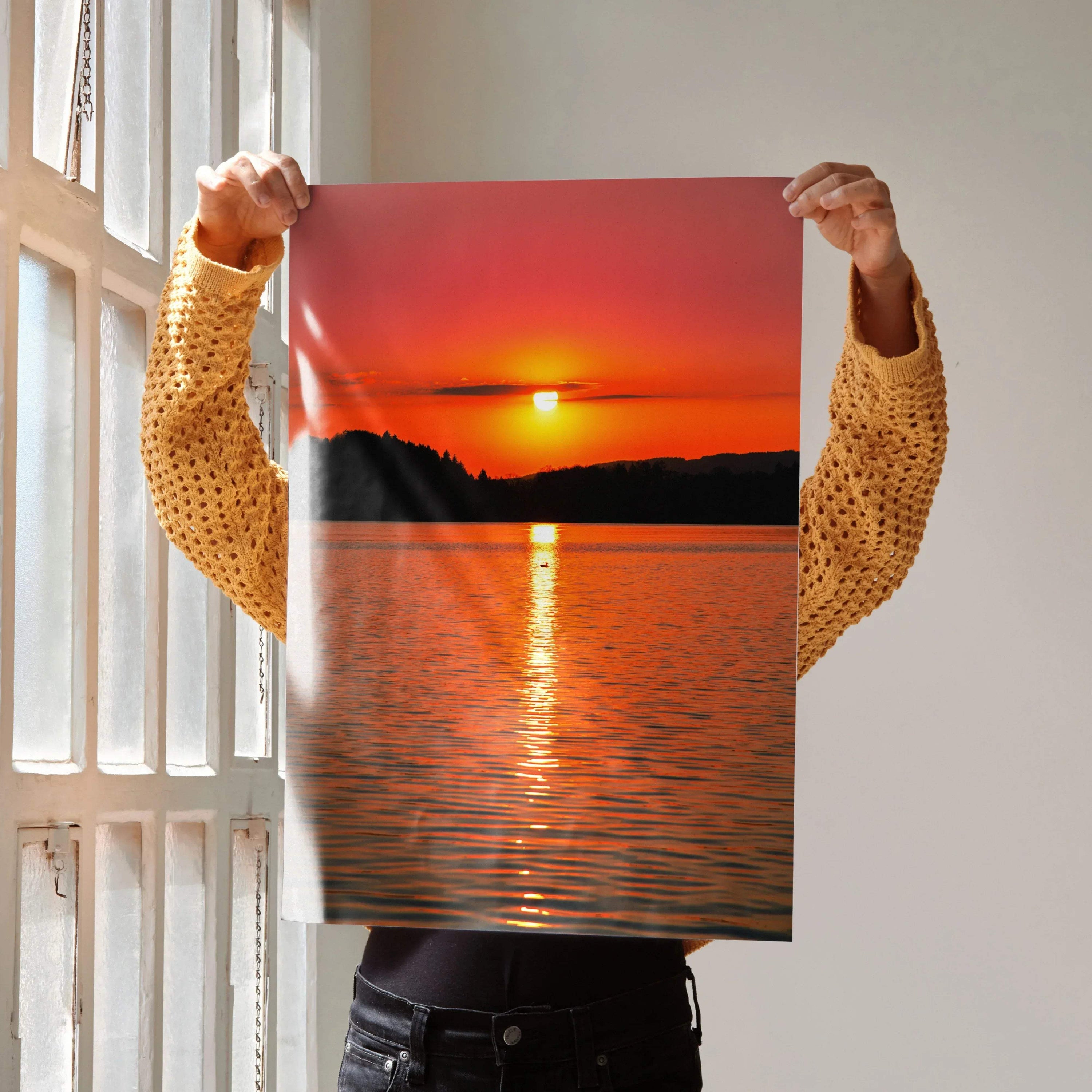 Vertical poster of serene ocean sunset with vibrant orange and red hues in wall art print form.