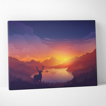 Minimal vector landscape canvas with silhouette deer at sunset over mountain valley