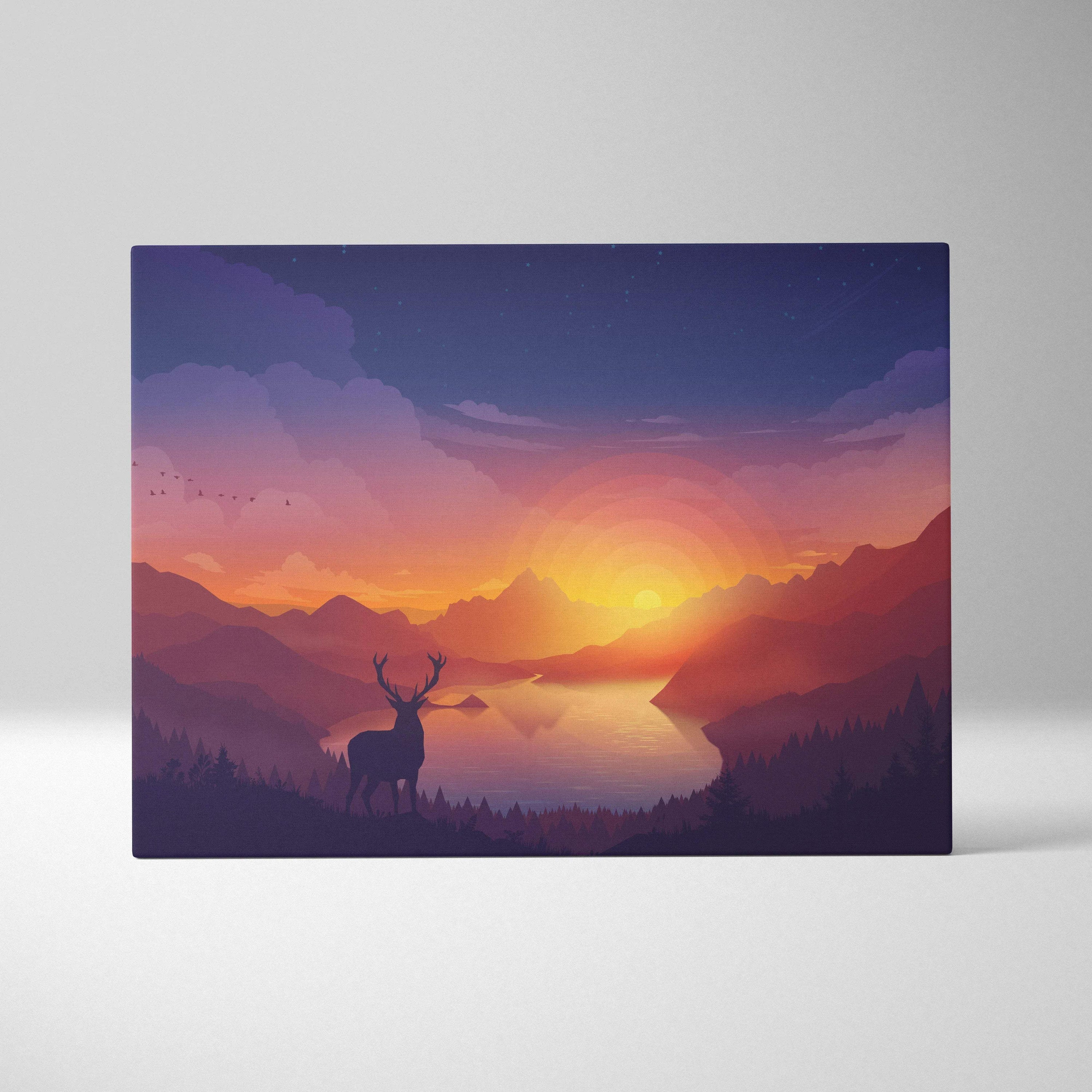 Minimal vector deer silhouette sunset over mountain valley lake canvas print
