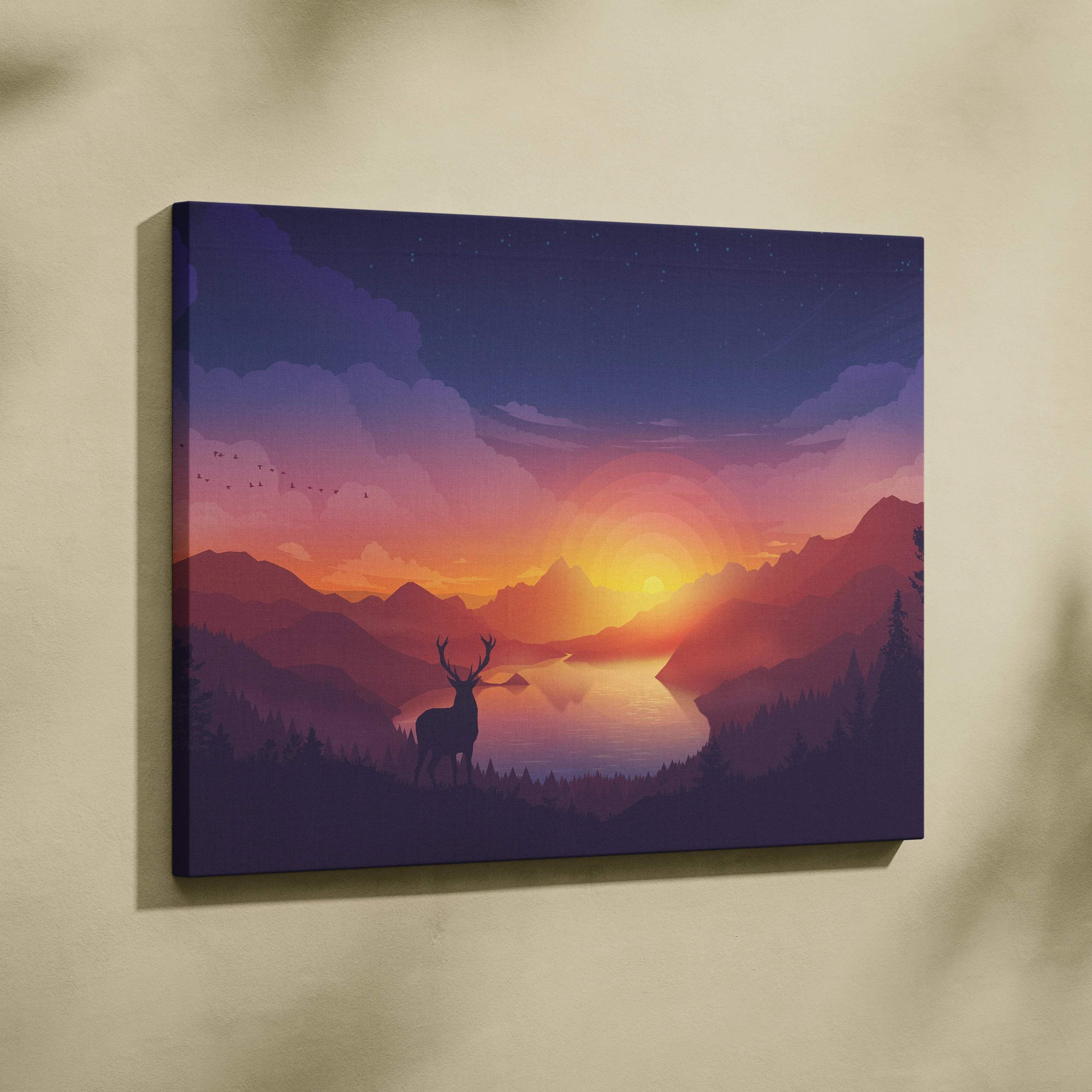 Minimal vector landscape canvas print with deer silhouette at sunset over mountains