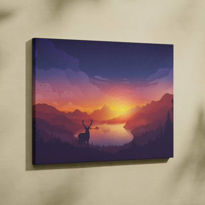 Minimal vector landscape canvas print with deer silhouette at sunset over mountains