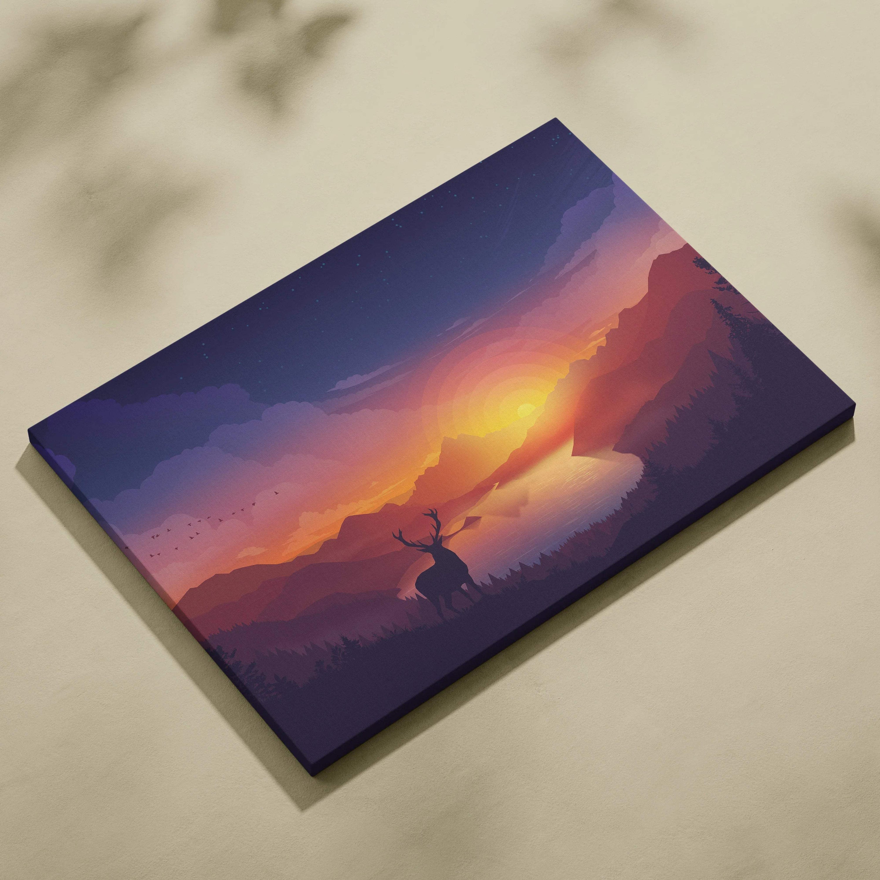 Minimal vector deer silhouette sunset over mountains canvas wall art