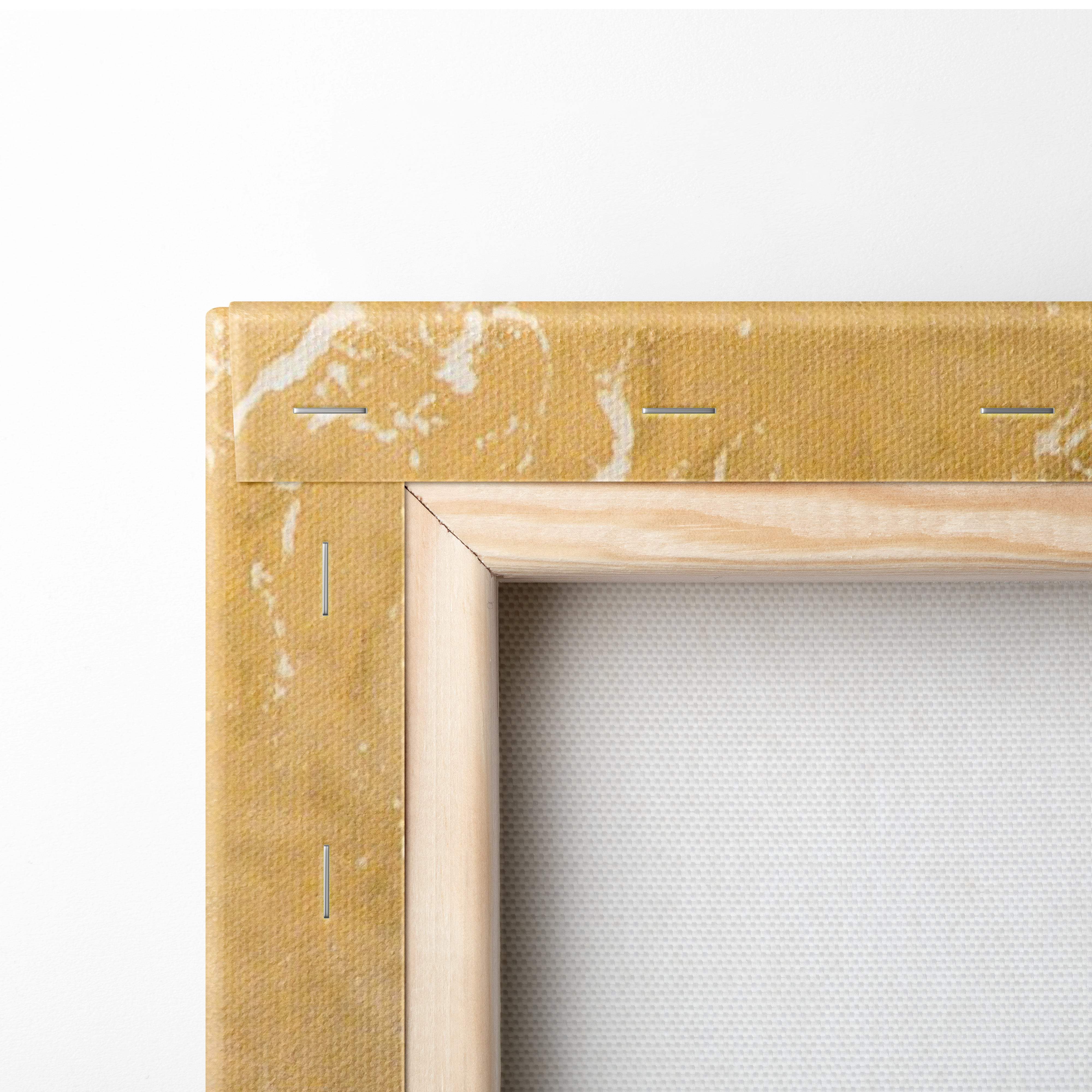 Aerial ocean shore canvas wall art print with light wood frame and golden yellow marble patterned fabric border