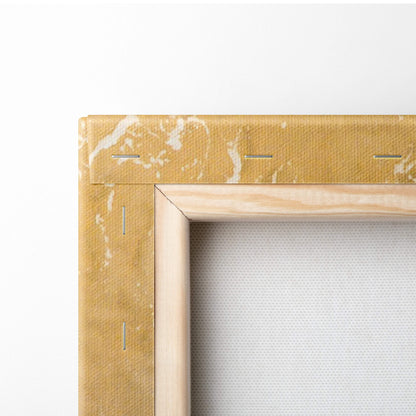 Aerial ocean shore canvas wall art print with light wood frame and golden yellow marble patterned fabric border