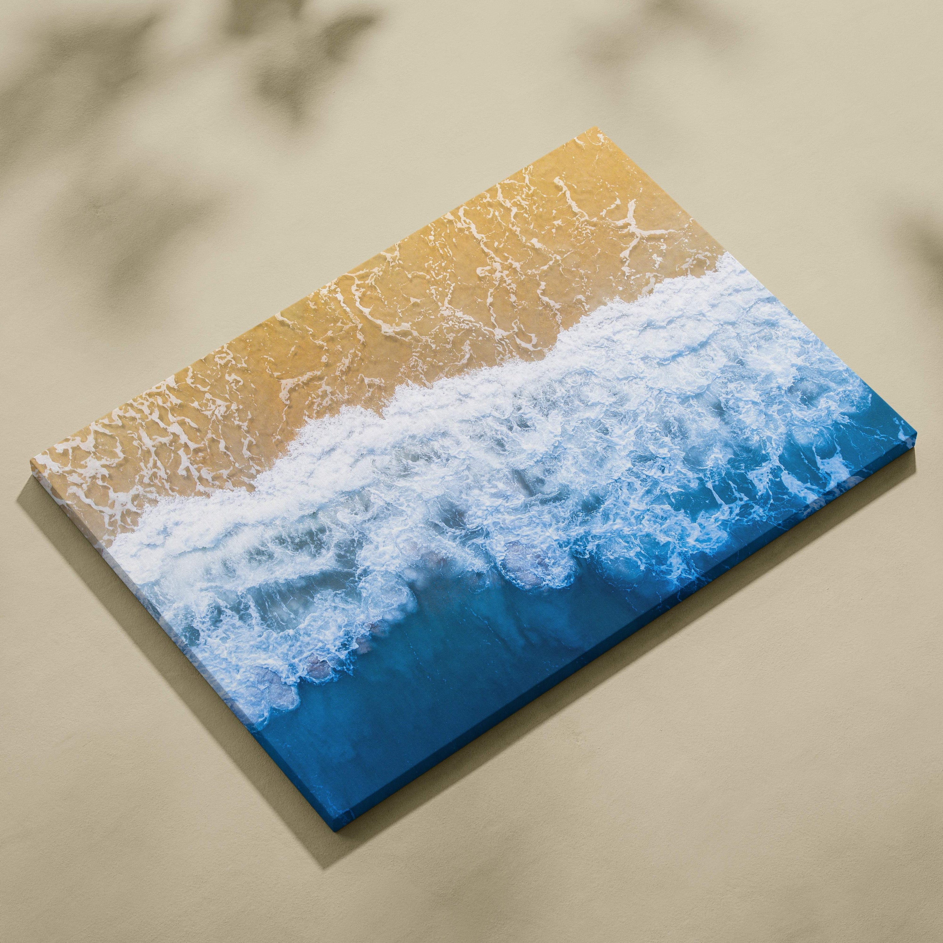 Aerial ocean shore canvas wall art print featuring vibrant textured acrylic waves in blue and golden sand for coastal decor