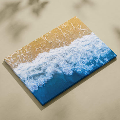 Aerial ocean shore canvas wall art print featuring vibrant textured acrylic waves in blue and golden sand for coastal decor