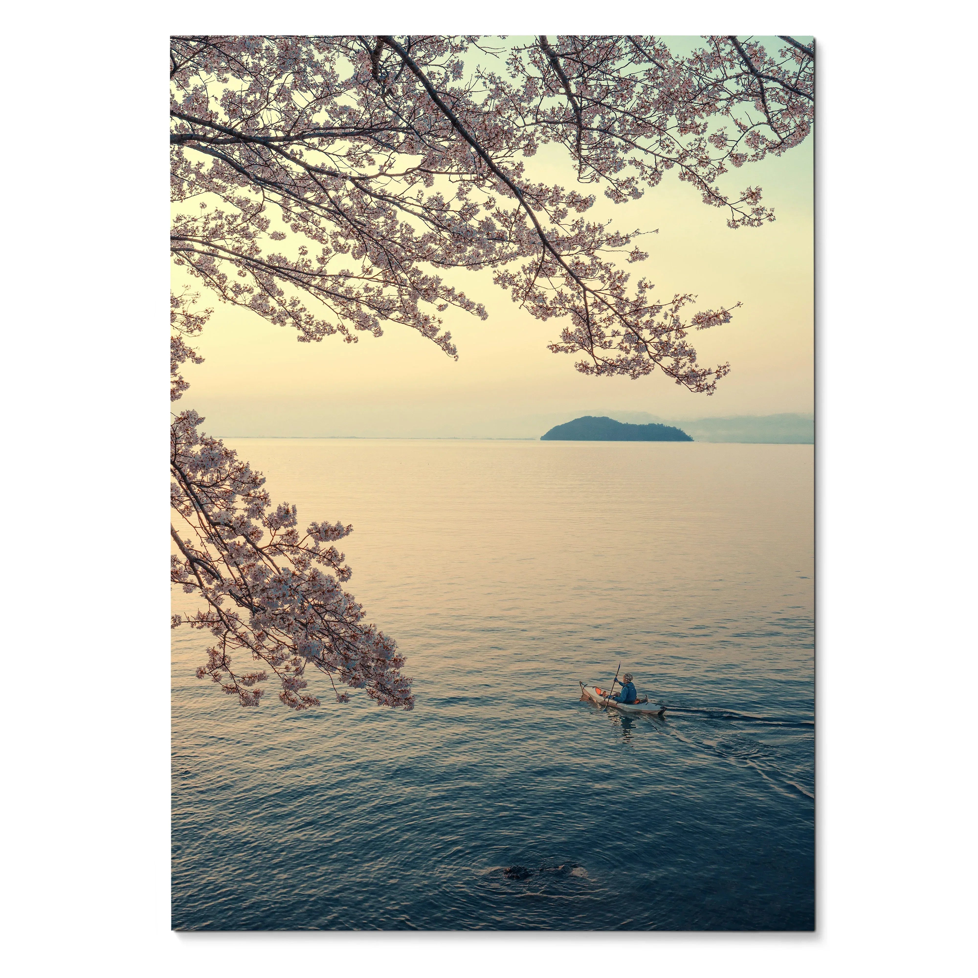 Serene cherry blossom branches over calm ocean with kayaker at sunset poster wall art.