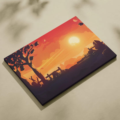 Stylized forest sunset canvas wall art with glowing sun over hills in orange gold tones