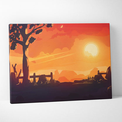 Stylized forest sunset canvas wall art with glowing sun over rolling hills in orange gold tones
