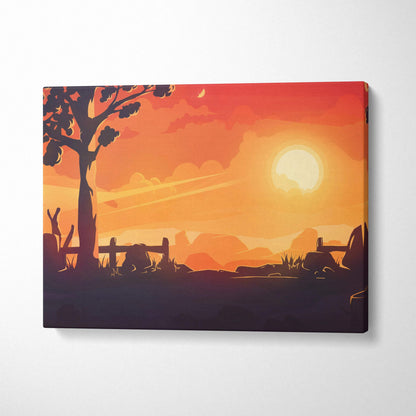 Stylized forest sunset canvas wall art featuring a silhouetted tree and fence against warm orange gold gradient skies