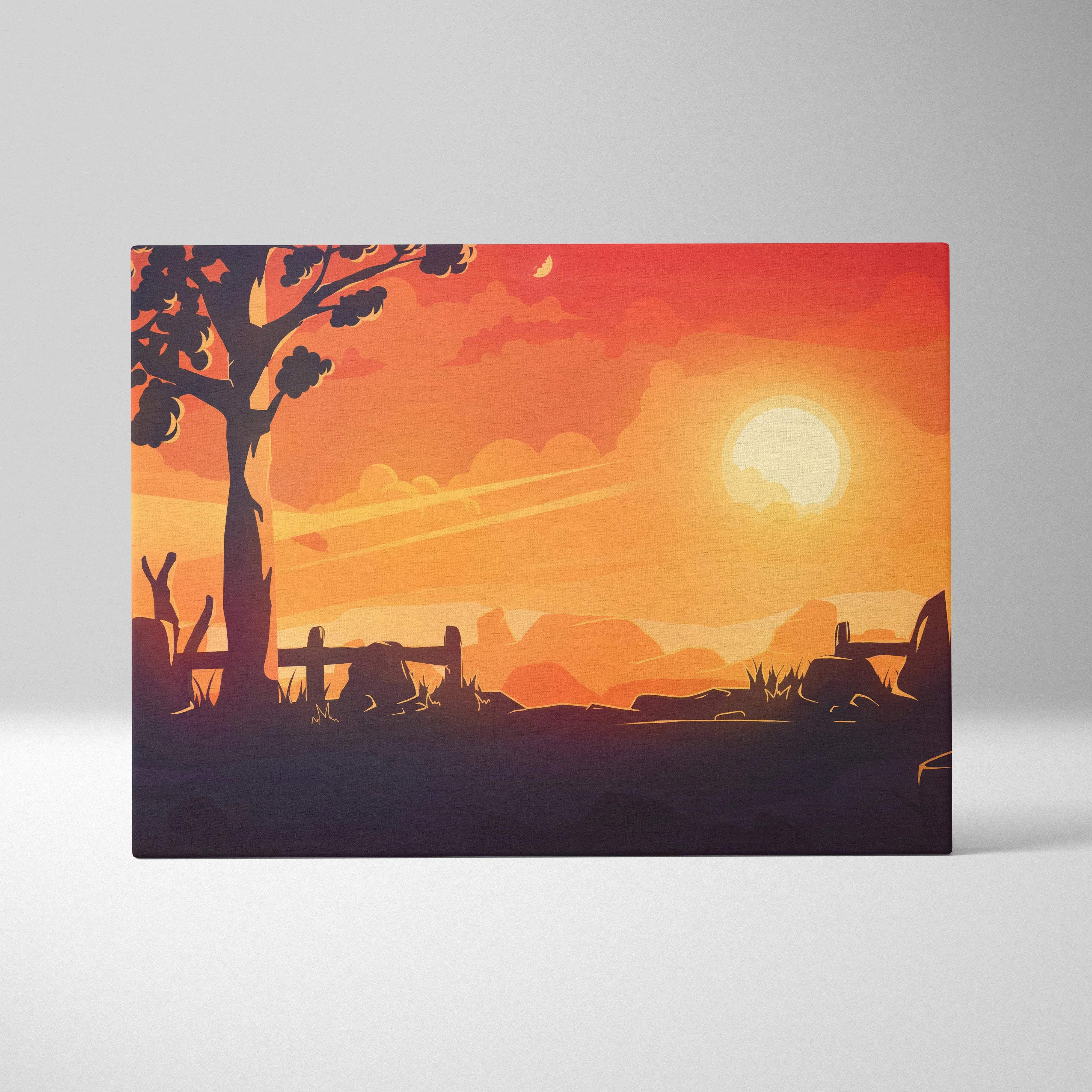 Stylized forest sunset canvas wall art with glowing sun over silhouetted tree fence and rolling hills in vibrant orange gold tones
