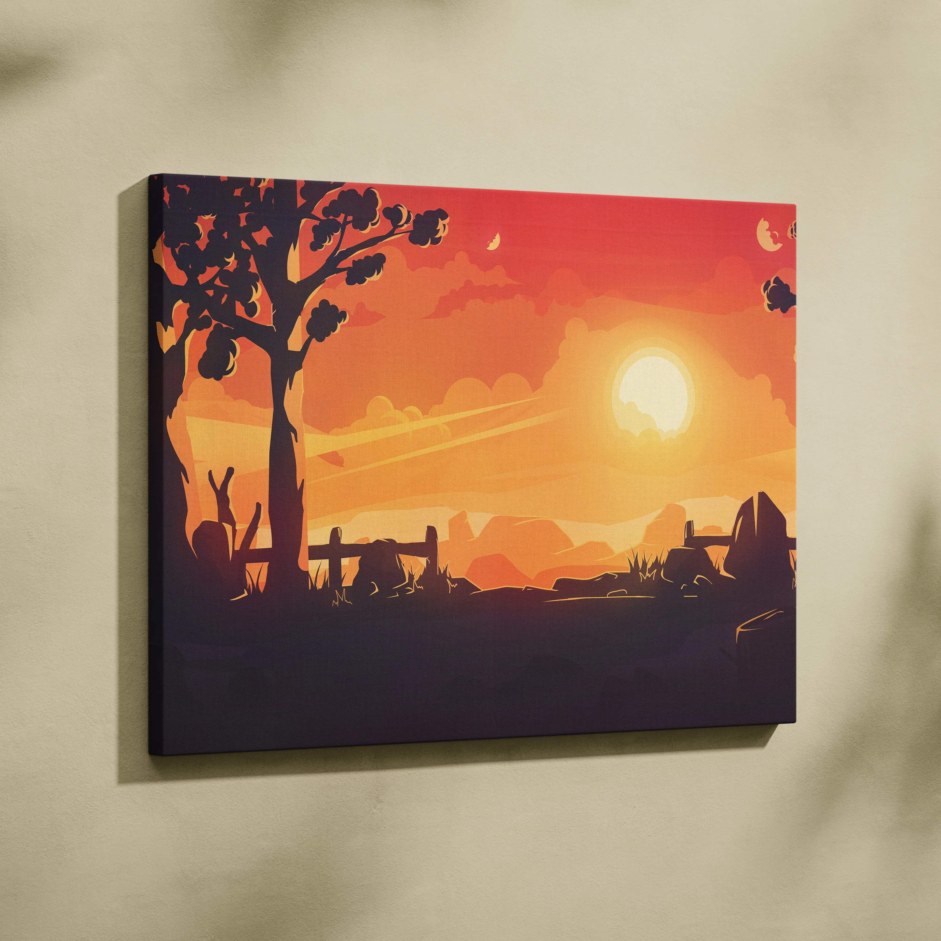 Stylized forest sunset canvas art with glowing sun over rolling hills in orange gold tones