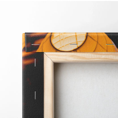 Close-up of natural wood frame and textured canvas with vibrant abstract wall art colors.