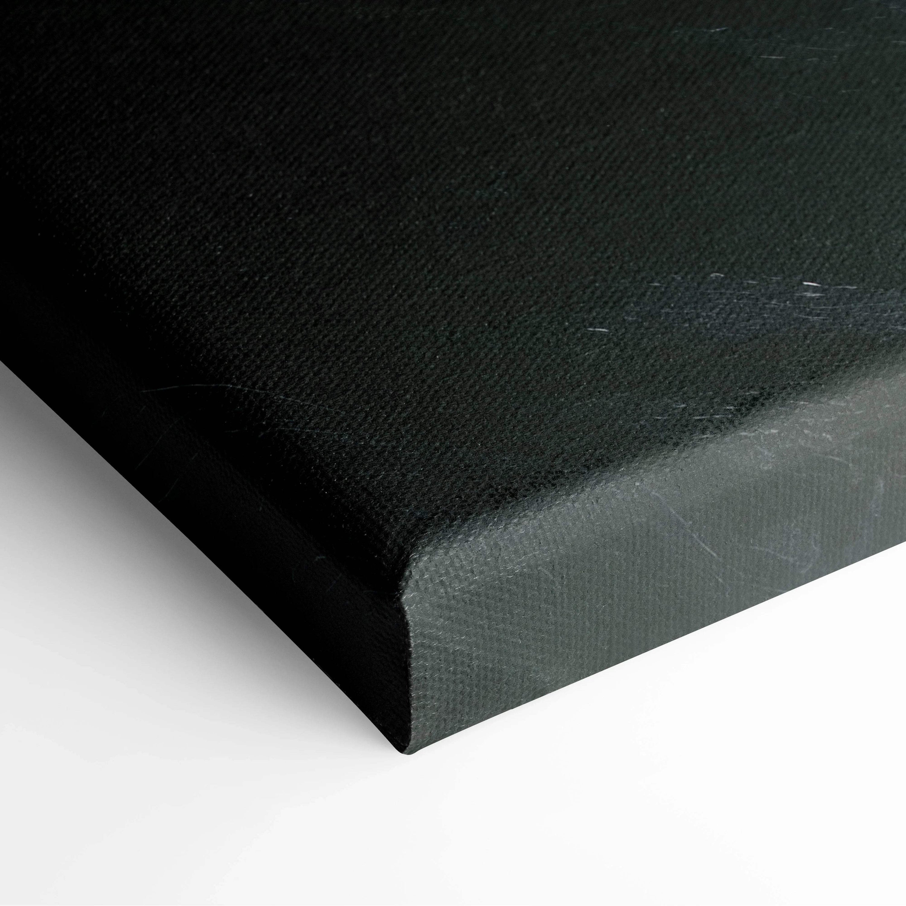 Black textured canvas print of misty mountain valleys at dawn in muted blues