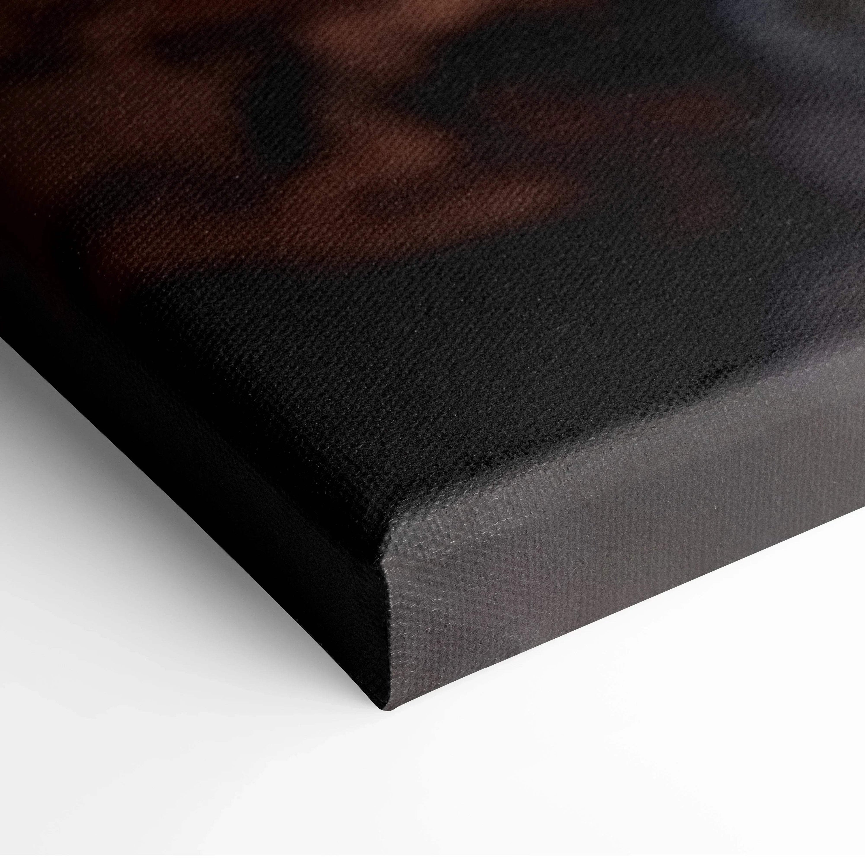Close-up of canvas wall art corner with dark brown and black autumn foliage design.