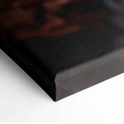 Close-up of canvas wall art corner with dark brown and black autumn foliage design.