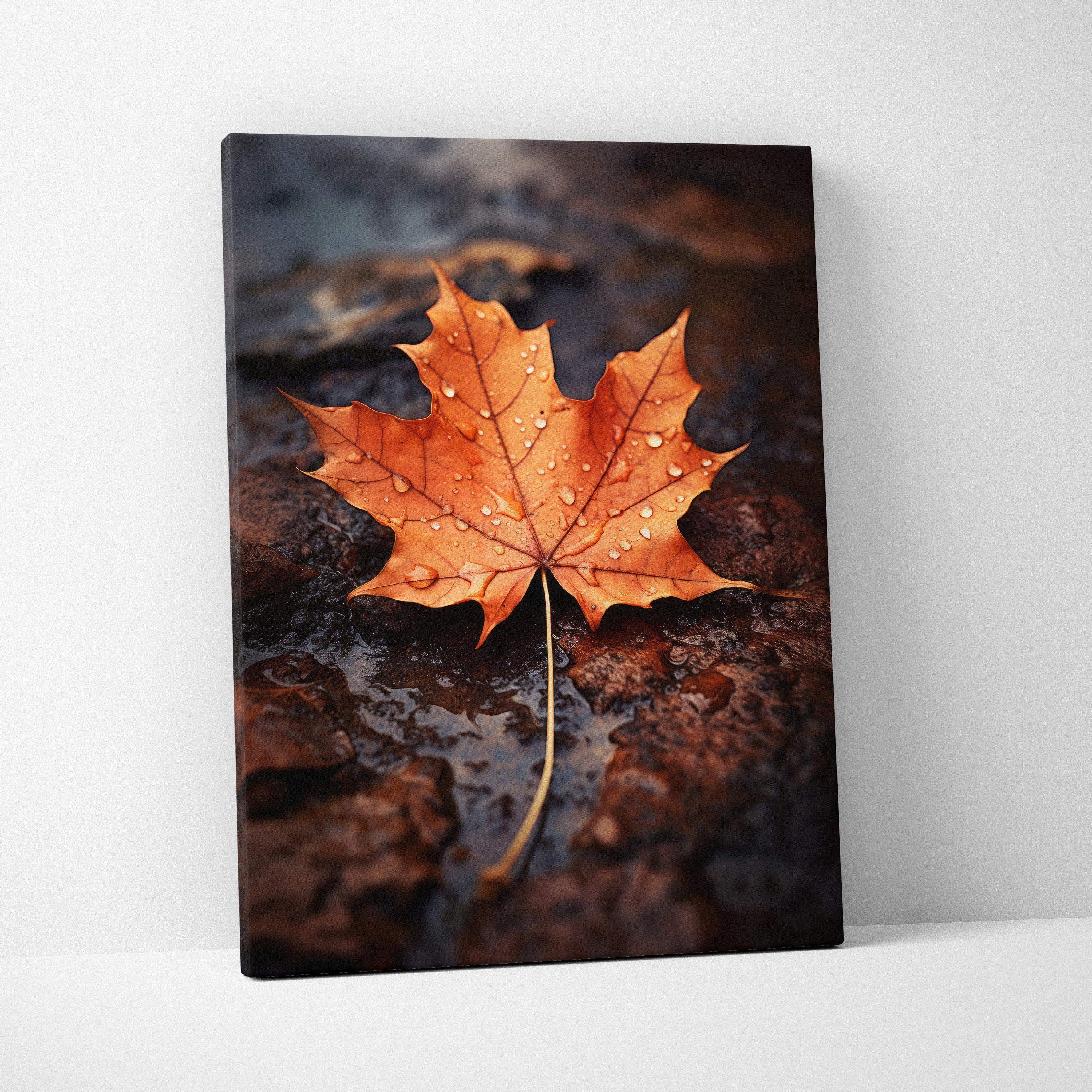Canvas wall art featuring vibrant orange autumn leaf with water droplets on dark textured ground.