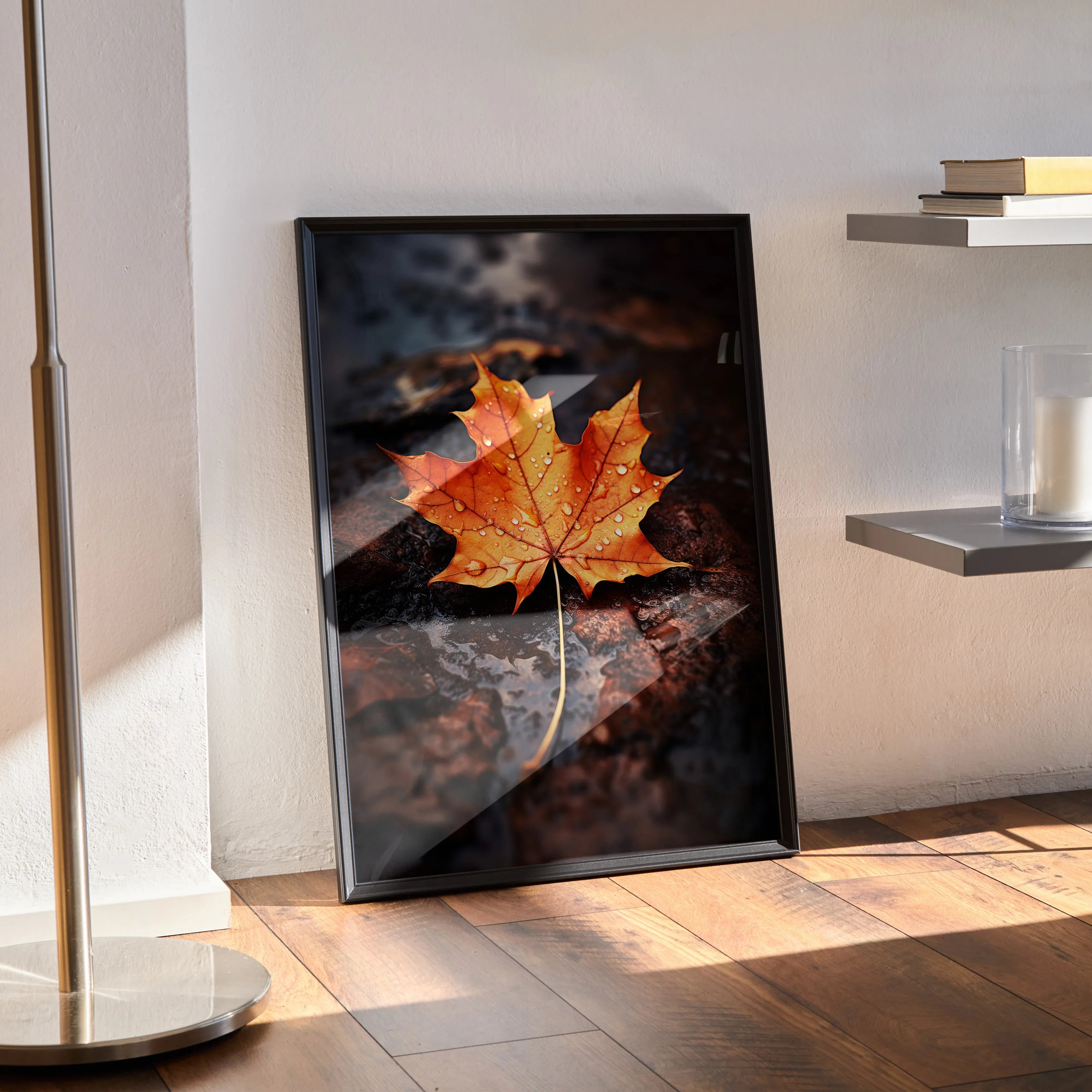 Vertical poster featuring vibrant autumn leaves with detailed texture, perfect wall art for nature lovers.