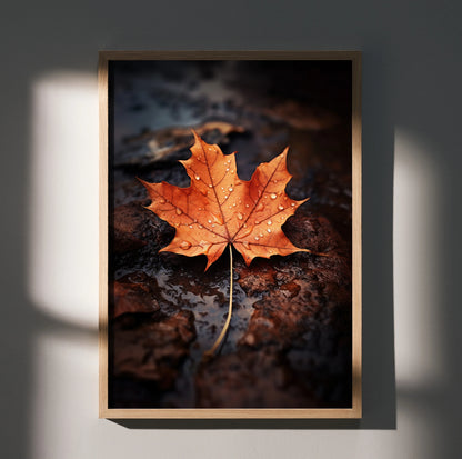 Vibrant orange autumn leaf on dark wet ground poster wall art with rich nature tones.