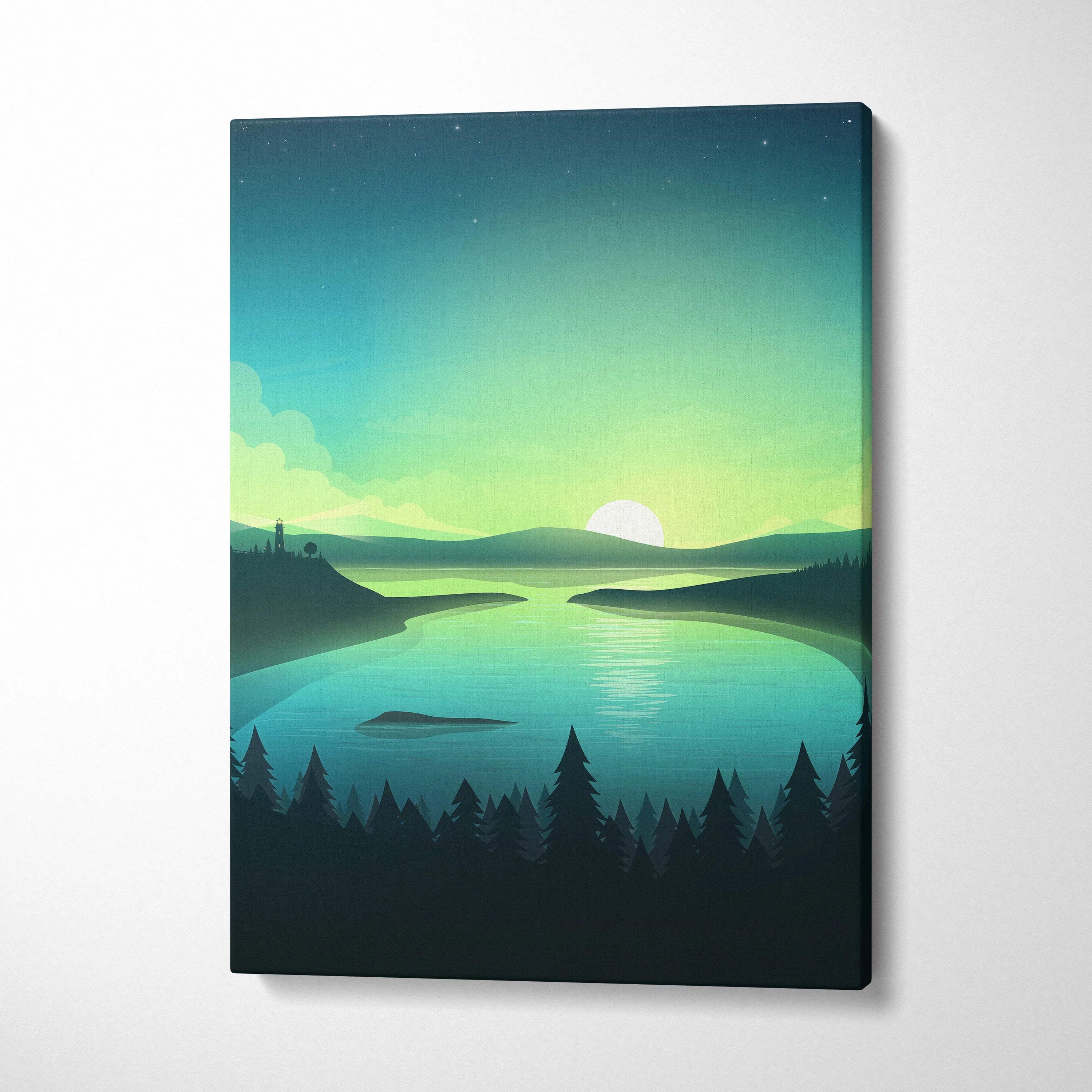 Serene Twilight Lake canvas wall art with emerald sky and calm reflection