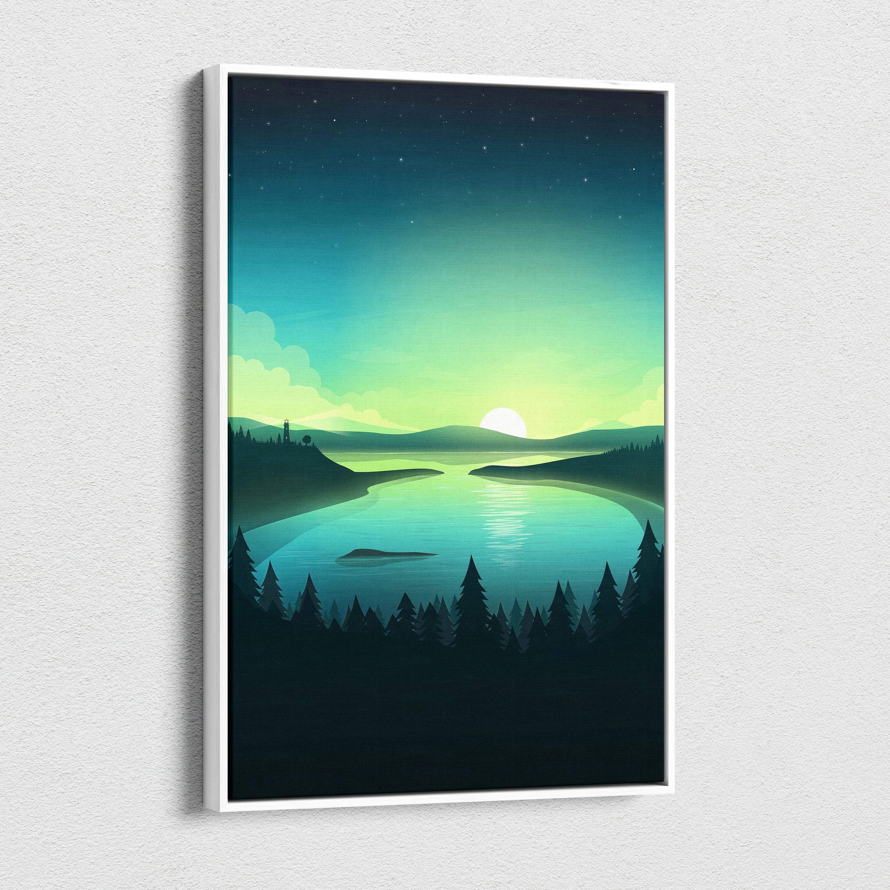 Serene twilight lake canvas wall art with emerald sky and calm reflection