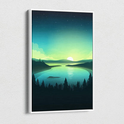 Serene twilight lake canvas wall art with emerald sky and calm reflection